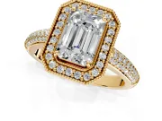Milgrain Halo Engagement Ring Setting for Emerald Cut Center with Three-Sided Pave Band and Prong Head in Yellow Gold