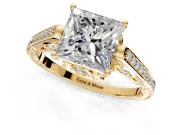 Cathedral Engagement Ring Setting for Princess Cut Center with Antique-Style Pave Band and Prong Head in Yellow Gold
