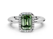 Halo Engagement Ring Setting for Fancy Green Emerald Cut Center with Tapered Plain Band and Prong Head in Sterling Silver