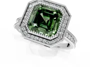Halo Engagement Ring Setting for Fancy Green Asscher Cut Center with Milgrain Pave Band and Bezel Head in White Gold