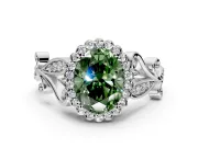 Halo Engagement Ring Setting for Fancy Green Oval Center with Leaf Motif Split Shank and Prong Head in Platinum