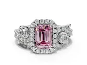 Milgrain Halo Engagement Ring Setting for Fancy Pink Emerald Cut Center with Shoulder Bezels and Prong Head in White Gold