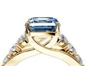 Solitaire Engagement Ring Setting for Fancy Blue Asscher Cut Center with Graduated Shared Prongs and Prong Head in Yellow Gold