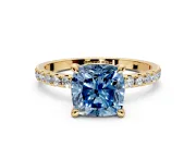 Solitaire Engagement Ring Setting for Fancy Blue Cushion Cut Center with Fine Pave Narrow Band and Prong Head in Yellow Gold