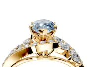 Halo Engagement Ring Setting for Fancy Blue Marquise Center with Marquise and Pave Bypass Band and Prong Head in Yellow Gold