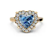 Single Halo Engagement Ring Setting for Fancy Blue Heart-Shaped Center with Corner Claws, Plain Band and Prong Head in Yellow Gold