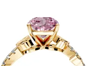 Leaf Motif Engagement Ring Setting for Fancy Pink Cushion Cut Center with Pave Band and Prong Head in Yellow Gold