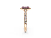 Halo Engagement Ring Setting for Fancy Pink Emerald Cut Center with Full Pave Band and Prong Head in Rose Gold