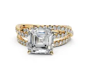 Solitaire Engagement Ring Setting for Asscher Cut Center with Woven 3-Strand Pave Band and Prong Head in Yellow Gold