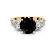 3 Stone Engagement Ring Setting for Fancy Black Round Cut Center with Crossover Basket, Pave Band and Prong Head in Yellow Gold