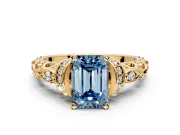 Solitaire Engagement Ring Setting for Fancy Blue Emerald Cut Center with Filigree Band and Prong Head in Yellow Gold