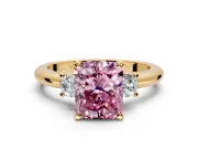 3 Stone Engagement Ring Setting for Fancy Pink Radiant Cut Center with Wide Plain Band and Prong Head in Yellow Gold