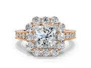 Halo Engagement Ring Setting for Princess Cut Center with Milgrain Channel Band and Prong Head in Rose Gold