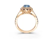 Double Halo Engagement Ring Setting for Fancy Blue Cushion Cut Center with Narrow Pave Split Shank and Prong Head in Rose Gold