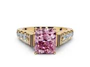 Solitaire Engagement Ring Setting for Fancy Pink Radiant Cut Center with Pave Cathedral Shoulders and Prong Head in Yellow Gold