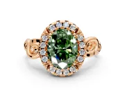 Halo Engagement Ring Setting for Fancy Green Oval Center with Open Scroll Shoulders and Prong Head in Rose Gold