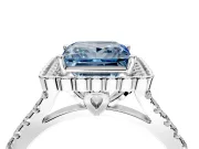 Milgrain Floral Halo Engagement Ring Setting for Fancy Blue Princess Cut Center with Pave Band and Prong Head in White Gold