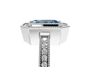 Halo Engagement Ring Setting for Fancy Blue Emerald Cut Center with Milgrain Halo, Pave Band and Prong Head in Sterling Silver