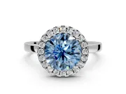 Halo Engagement Ring Setting for Fancy Blue Round Cut Center with Thin Plain Band and Prong Head in White Gold