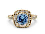 Milgrain Halo Engagement Ring Setting for Fancy Blue Cushion Cut Center with Three-Sided Pave Band and Prong Head in Yellow Gold