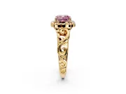 Halo Engagement Ring Setting for Fancy Pink Cushion Cut Center with Open Scroll Shoulders and Prong Head in Yellow Gold