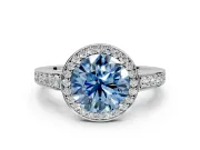 Bezel-Framed Halo Engagement Ring Setting for Fancy Blue Round Cut Center with Pave Band and Prong Head in Platinum