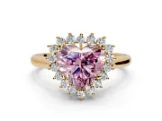 Starburst Halo Engagement Ring Setting for Fancy Pink Heart-Shaped Center with Thin Round-Wire Band and Prong Head in Yellow Gold