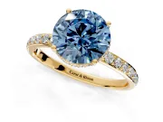 Hidden Halo Engagement Ring Setting for Fancy Blue Round Cut Center with Pave Band and Prong Head in Yellow Gold