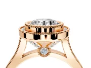 Halo Engagement Ring Setting for Round Cut Center with Milgrain Frame, Pave Band and Prong Head in Rose Gold