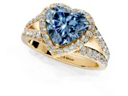 Halo Engagement Ring Setting for Fancy Blue Heart-Shaped Center with Narrow Pave Split Shank and Prong Head in Yellow Gold