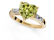 3 Stone Engagement Ring Setting for Fancy Yellow Heart-Shaped Center with Tapered Baguettes, Plain Band and Prong Head in Yellow Gold