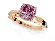 Solitaire Engagement Ring Setting for Fancy Pink Cushion Cut Center with Carved Leaf Shoulders and Prong Head in Rose Gold