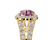 Halo Engagement Ring Setting for Fancy Pink Round Cut Center with Narrow Pave Split Shank and Prong Head in Yellow Gold