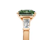 3 Stone Engagement Ring Setting for Fancy Green Radiant Cut Center with Channel Baguette Accents and Prong Head in Rose Gold