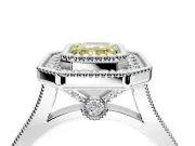 Halo Engagement Ring Setting for Fancy Yellow Emerald Cut Center with Milgrain Frame, Pave Band and Prong Head in Platinum