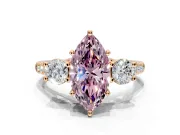3 Stone Engagement Ring Setting for Fancy Pink Marquise Center with Crossover Basket, Pave Band and Prong Head in Rose Gold