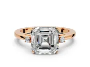 3 Stone Engagement Ring Setting for Asscher Cut Center with Low-Set Round Cut Accents and Prong Head in Rose Gold