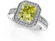 Milgrain Halo Engagement Ring Setting for Fancy Yellow Radiant Cut Center with Pave Band and Prong Head in Sterling Silver