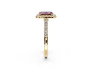 Halo Engagement Ring Setting for Fancy Pink Emerald Cut Center with Narrowing Pave Band and Prong Head in Yellow Gold
