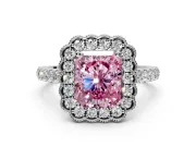 Milgrain Floral Halo Engagement Ring Setting for Fancy Pink Radiant Cut Center with Pave Band and Prong Head in Platinum