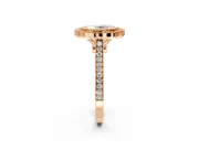 Halo Engagement Ring Setting for Oval Center with Milgrain Frame, Pave Band and Prong Head in Rose Gold