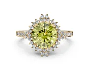 Sunburst Halo Engagement Ring Setting for Fancy Yellow Round Cut Center with Pave Band and Prong Head in Yellow Gold