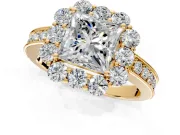 Halo Engagement Ring Setting for Princess Cut Center with Milgrain Channel Band and Prong Head in Yellow Gold