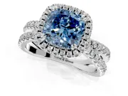 Halo Engagement Ring Setting for Fancy Blue Cushion Cut Center with Double Pave Split Shank and Prong Head in Platinum