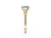 3 Stone Engagement Ring Setting for Fancy Blue Radiant Cut Center with Round Cut Side Accents and Prong Head in Yellow Gold