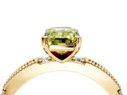 Solitaire Engagement Ring Setting for Fancy Yellow Emerald Cut Center with Milgrain-Edged Pave Band and Prong Head in Yellow Gold