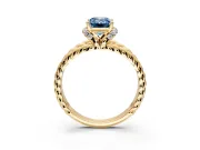 Halo Engagement Ring Setting for Fancy Blue Emerald Cut Center with Rope Twist Split Shank and Prong Head in Yellow Gold