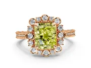 Milgrain Halo Engagement Ring Setting for Fancy Yellow Radiant Cut Center with Bezel Point Accents and Prong Head in Rose Gold