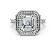 Halo Engagement Ring Setting for Asscher Cut Center with Milgrain Pave Band and Bezel Head in White Gold