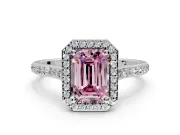 Halo Engagement Ring Setting for Fancy Pink Emerald Cut Center with Pave Accents, Heart Basket and Prong Head in Platinum